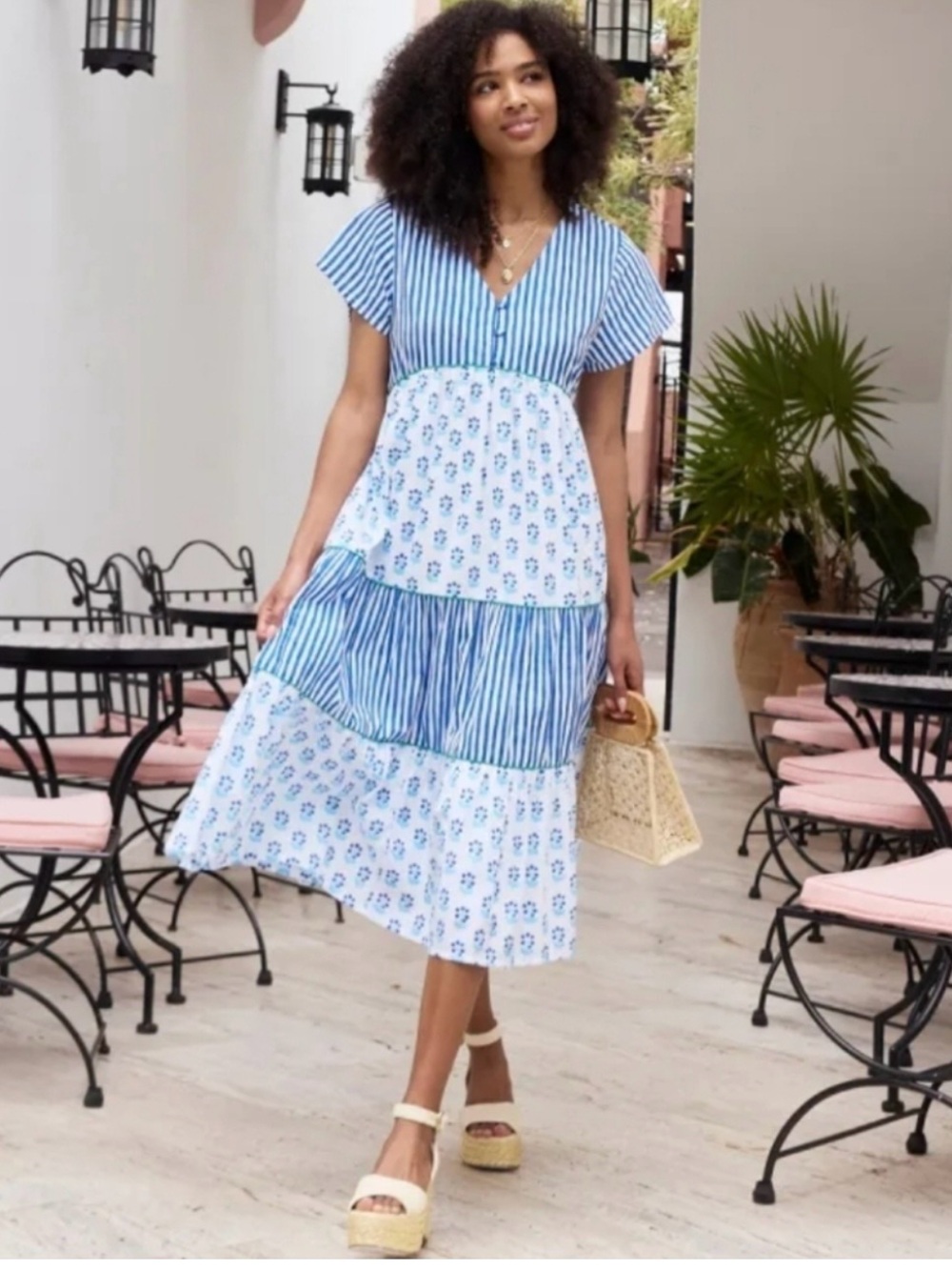 Printfresh Blue Tiered Floral & Stripe Girls' Dress with Red Piping